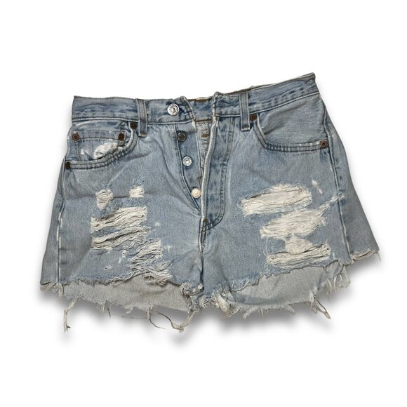 Levis 501 Distressed Denim Shorts W27 Button Fly Vintage Made In USA Raw Hem - Picture 2 of 4